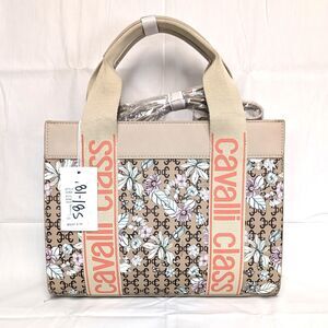 NWT Cavalli Class Serafina Top Handle Beige & Pink Floral Tote Purse w/ Strap